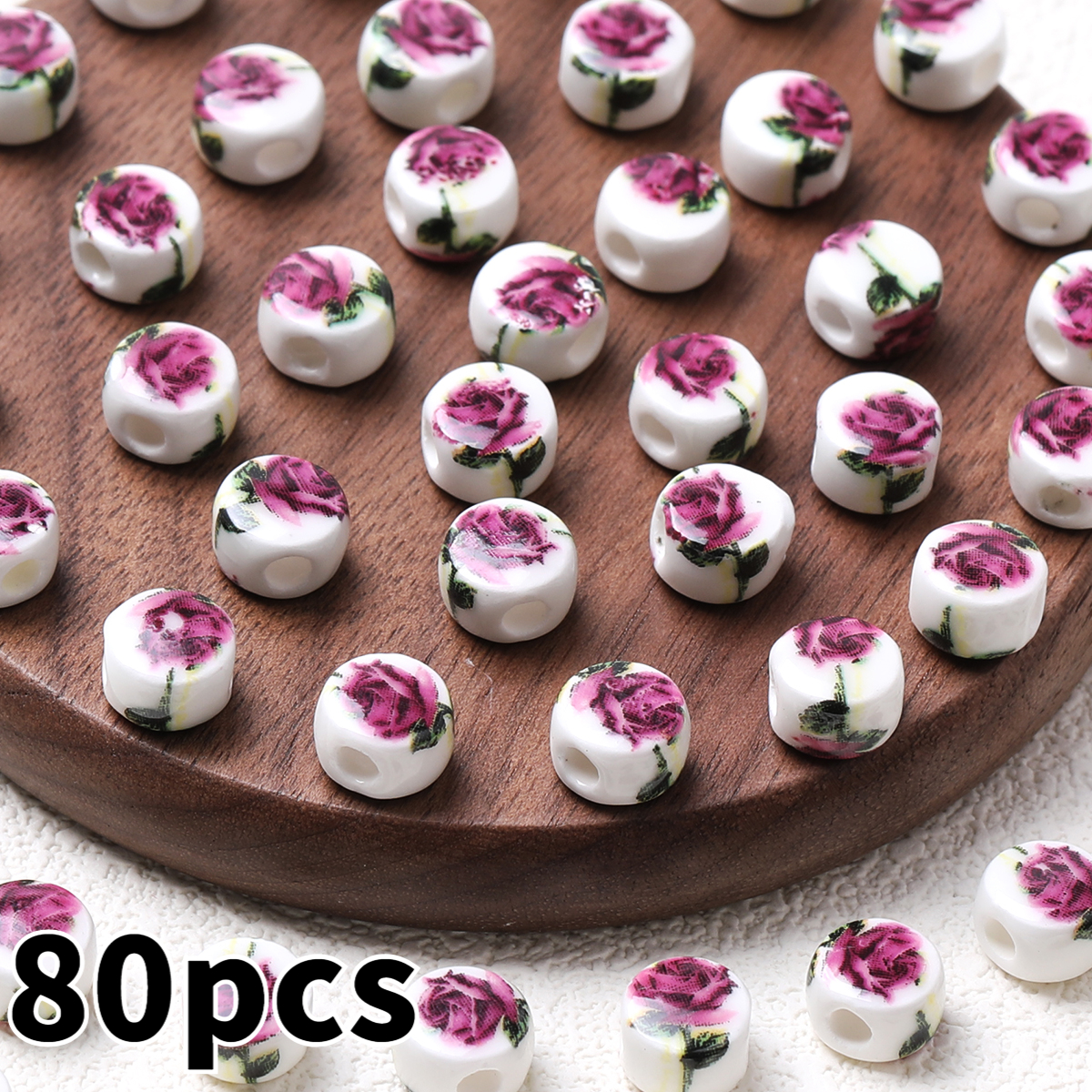 20pcs Random Color Flat Round Printed Flower Ceramic Beads